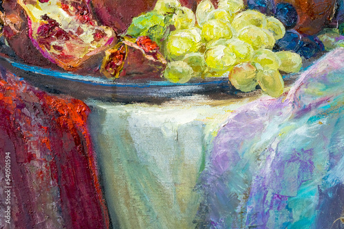 Still life with pomegranate, pineapple and grapes fruit. Oil painting on canvas.