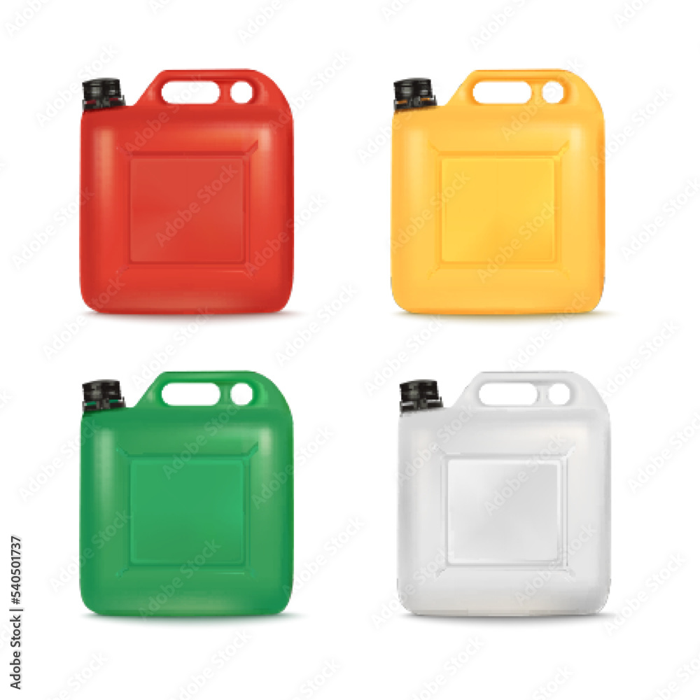 3d jerrycans. Color fuel jerrycan render, oil or gasoline plastic