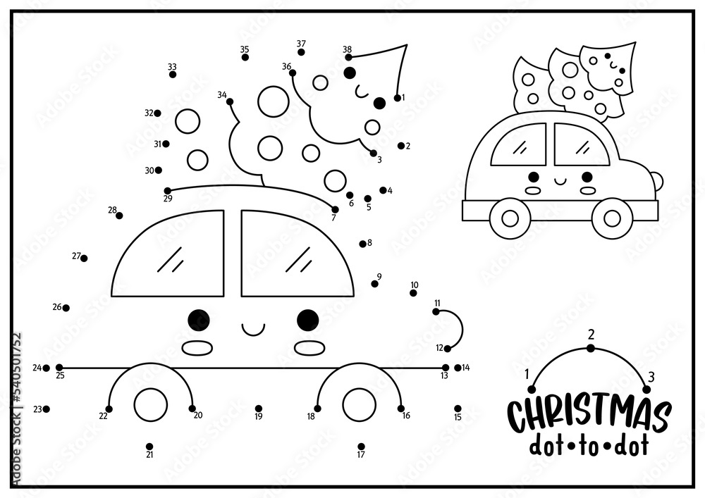 Vector Christmas dot-to-dot and color activity with cute kawaii car with  fir tree. Winter holiday connect the dots game for children. New Year  coloring page for kids. Printable worksheet. Stock Vector |