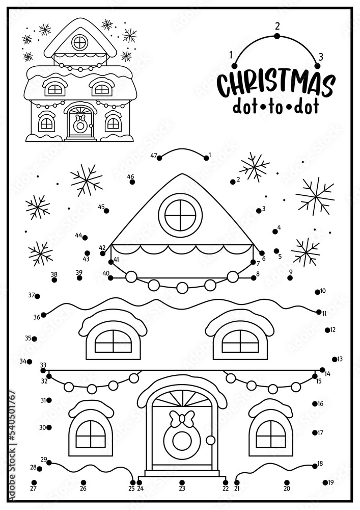 Vector Christmas dot-to-dot and color activity with cute kawaii house. Winter holiday connect the dots game with snow covered cottage or home. New Year coloring page for kids. Printable worksheet.