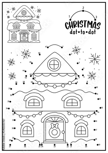 Vector Christmas dot-to-dot and color activity with cute kawaii house. Winter holiday connect the dots game with snow covered cottage or home. New Year coloring page for kids. Printable worksheet.