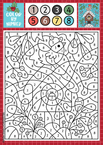 Vector Christmas color by number activity with cute kawaii bird house, snow. Winter holiday scene. Black and white counting game with nestling, leaves, berries. New Year coloring page for kids.