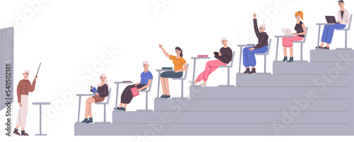University student hall. Professor testing students in college auditorium, university lecture or academic conference, examination room for school test, recent vector illustration