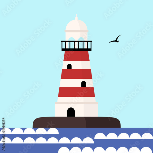 Sea lighthouse on ocean coast rock. Nautical beacon tower. Vector illustration in flat cartoon style. 