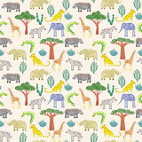 African pattern, hand drawn seamless illustration with wild animals and savannah plants. Elephant, rhino, hippopotamus, giraffe, crocodile, leopard, zebra. For kids textile, baby fabric, wallpaper