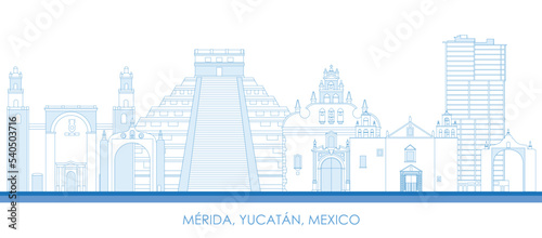 Outline Skyline panorama of city of Merida, Yucatan, Mexico - vector illustration