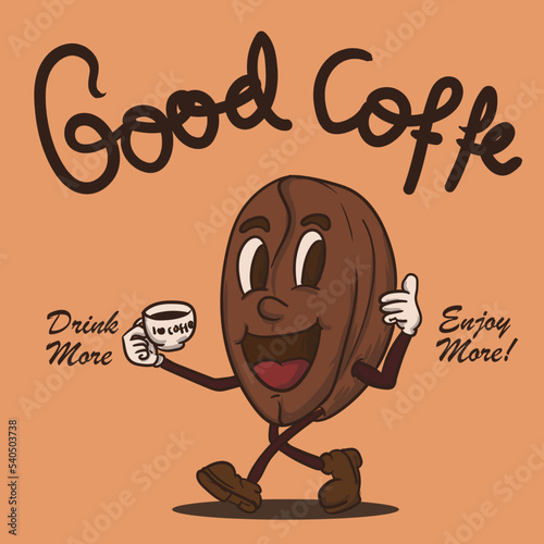 good coffee icon. coffee bean hold coffe cup. funky coffee cartoon mascot vector illustration