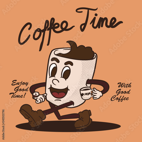 coffee time. smile mug hold cup of coffee. funky coffee cartoon mascot vector illustration