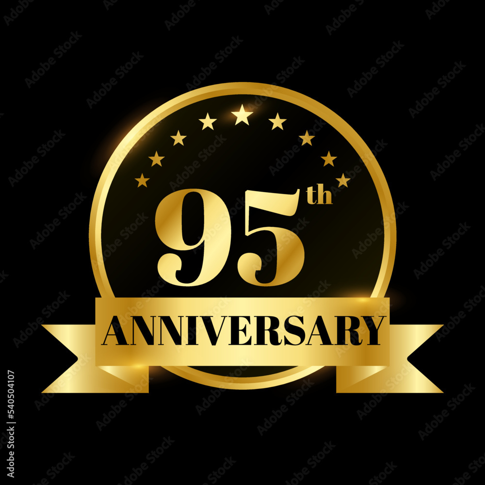 Fototapeta premium Golden badge circle wedding anniversary labels celebration number with flat gold ribbon 95 years