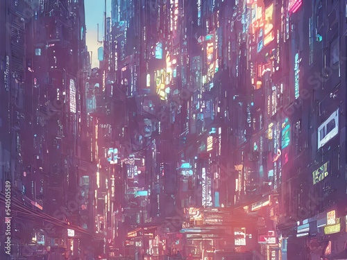 Cyberpunk cityscape with neon signs