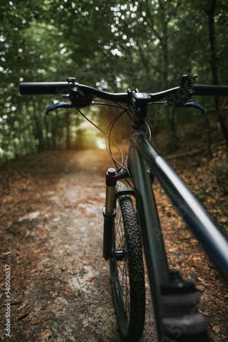 Mountain bike in the woods. Bicycle with forest background. Active outdoor lifestyle concept. © AlexGo