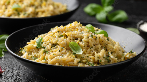 Creamy Garlic and parmesan orzo pasta with lemon zest and parsley