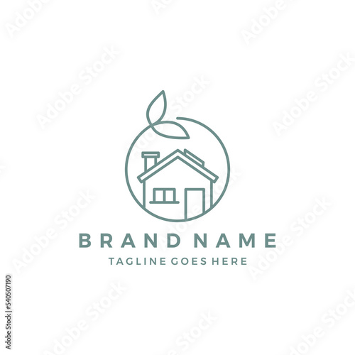 leaf house logo design, leaf house circle vector illustration