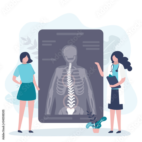 Doctor explained to patient cause of back pain. X-ray with curved spine in several places