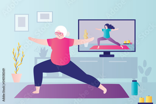 Grandmother practicing standing yoga poses at home. Elderly woman stretches in warrior pose 2