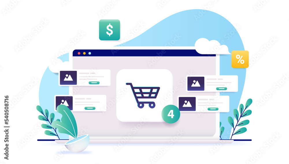 Online shopping on laptop computer - Vector illustration with flat design and front view of shopping basket and abstract shop design elements on white background Online shopping on laptop computer - Vector illustration with flat design and front view of shopping basket and abstract shop design elements on white background