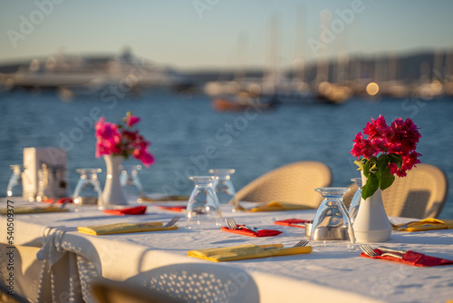 table setting at a fancy beach restaurant