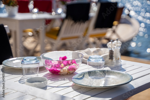 table setting at a fancy beach restaurant