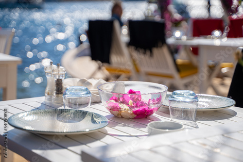 table setting at a fancy beach restaurant