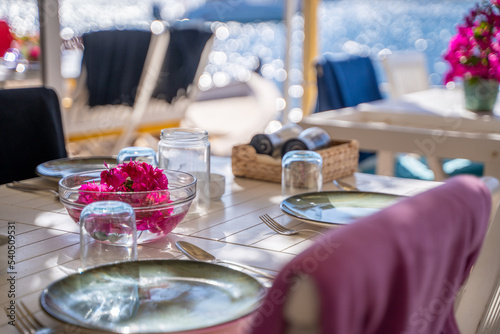 table setting at a fancy beach restaurant