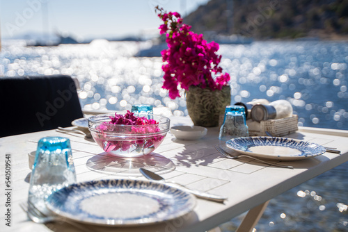 table setting at a fancy beach restaurant