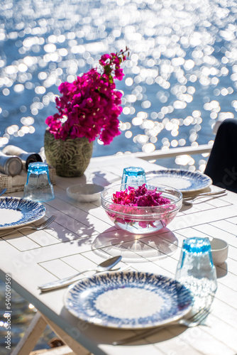 table setting at a fancy beach restaurant
