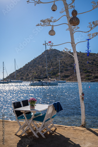 chairs and served table on the fancy beach restaurant