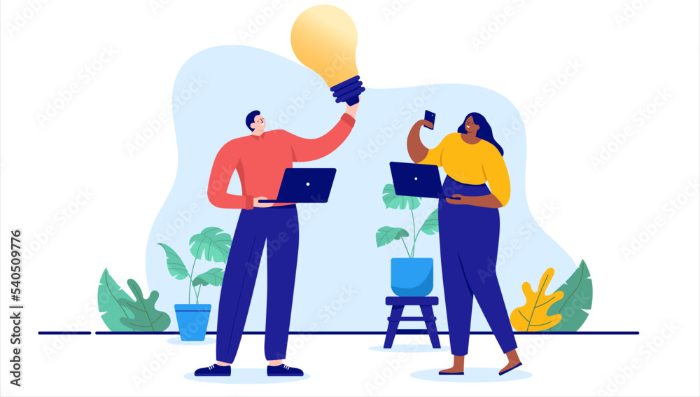 Coming up with idea - Two people at work smiling and being happy with new ideas in office. Flat design vector illustration with white background