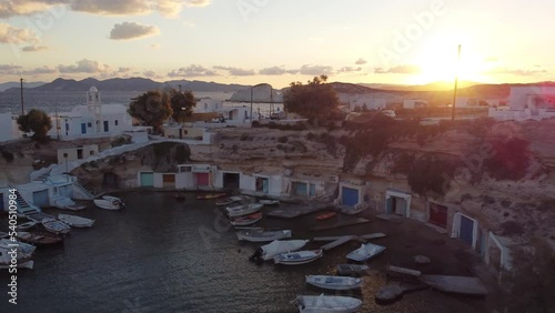 Mandrakia Fishing Village Aerial View in Aegean Sea, Cyclades Island, Greece
