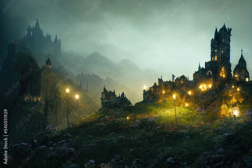 A haunted gothic castle along a cliffside. fantasy scenery. concept art