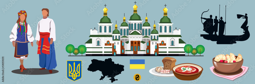 set of illustrations on the theme of the country of Ukraine. Characters in national costumes, Sophia Cathedral in Kyiv, monument to the founders of Kyiv, Ukrainian food, symbols of Ukraine set of illustrations on the theme of the country of Ukraine. Characters in national costumes, Sophia Cathedral in Kyiv, monument to the founders of Kyiv, Ukrainian food, symbols of Ukraine