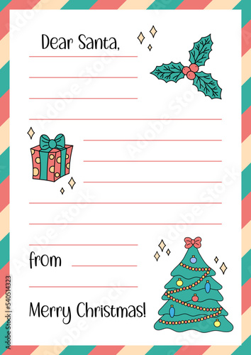 Letter to Santa Claus template. Christmas wishlist blank in cute doodle style. Empty Xmas wish list with copy space. Vector illustration. Vertical A4 format of paper