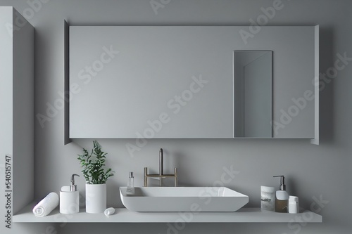 Gray bathroom sink with a mirror hanging above it in a white wall bathroom. A make up shelf and mirror. 3d rendering