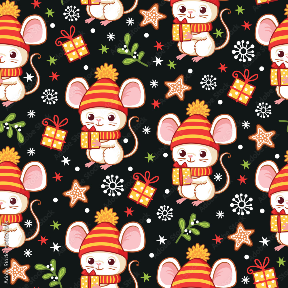 Vector seamless pattern with a mouse that is holding a New Years gift in its hands. Christmas theme picture. Vector seamless pattern with a mouse that is holding a New Years gift in its hands. Christmas theme picture.