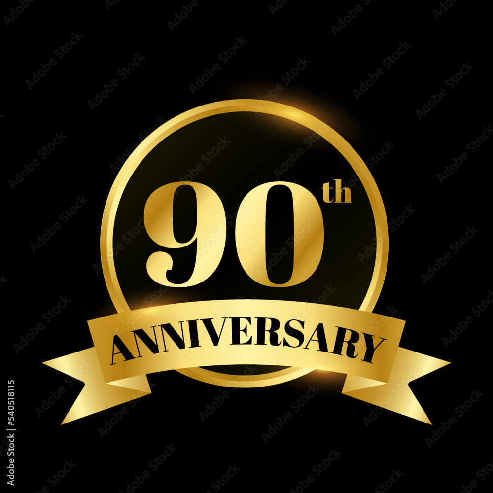 Golden badge circle wedding anniversary labels celebration number with curved ribbon 90 years Golden badge circle wedding anniversary labels celebration number with curved ribbon 90 years