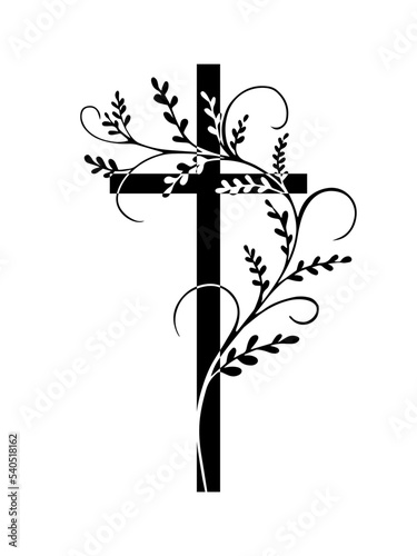 Black religious cross with a sprig. Vector illustration