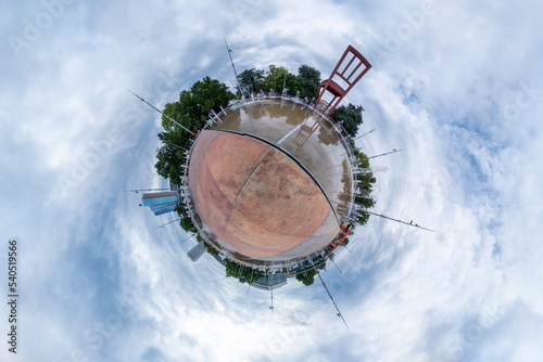 Little planet of the monument to the victims of antipersonnel mines that is located in the United Nations square in Geneva, Switzerland. photo