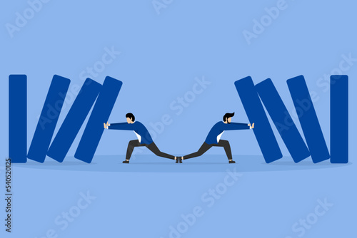 investment management and strategy, Risk management, control of hazard, loss or damage from crisis, valuation level concept, two businessmen stopping domino effect risk from threats and disasters