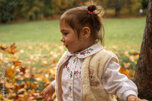 portrait of a smiling, emotional little girl in an autumn park, autumn leaves, nature, park