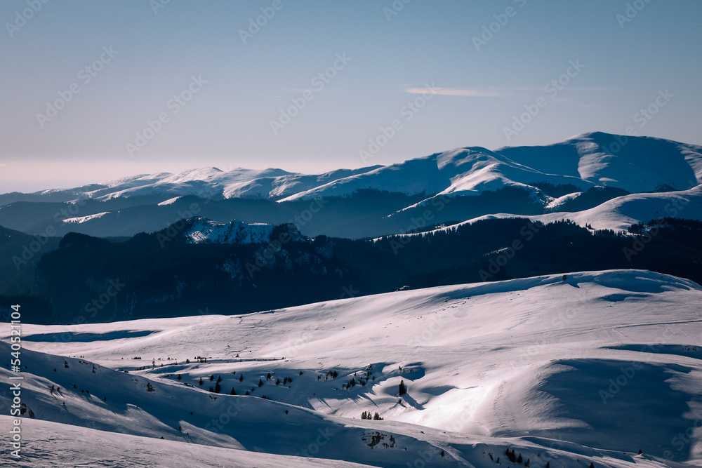 Panoramic view over the ski slope Poiana Brasov ski resort in Transylvania, Pine forest covered in snow on winter season,Mountain landscape in winter with the Bucegi Mountains in the background. Panoramic view over the ski slope Poiana Brasov ski resort in Transylvania, Pine forest covered in snow on winter season,Mountain landscape in winter with the Bucegi Mountains in the background.
