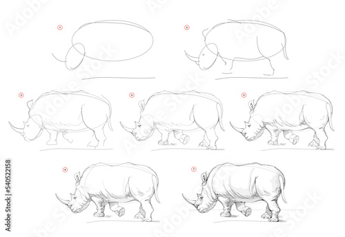 Page shows how to learn to draw sketch of rhinoceros. Creation step by step pencil drawing. Educational page for artists. Textbook for developing artistic skills. Online education. Vector illustration photo