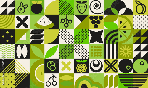 Abstract background of organic agricultural food and simple figures in Bauhaus geometric style