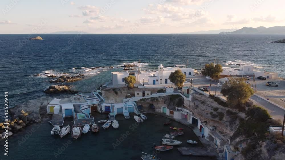 Mandrakia Fishing Village Aerial View in Aegean Sea, Cyclades Island, Greece Mandrakia Fishing Village Aerial View in Aegean Sea, Cyclades Island, Greece