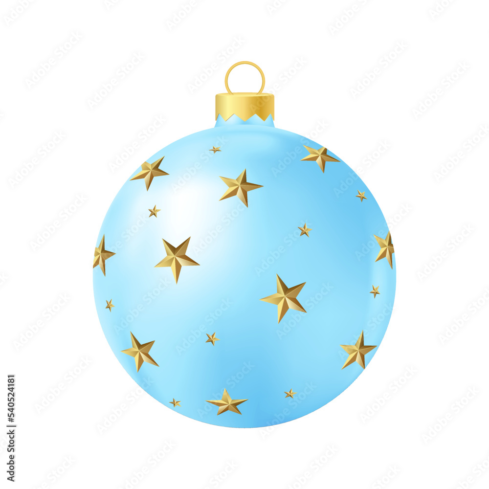 Blue Christmas tree toy with gold stars Realistic color illustration Blue Christmas tree toy with gold stars Realistic color illustration