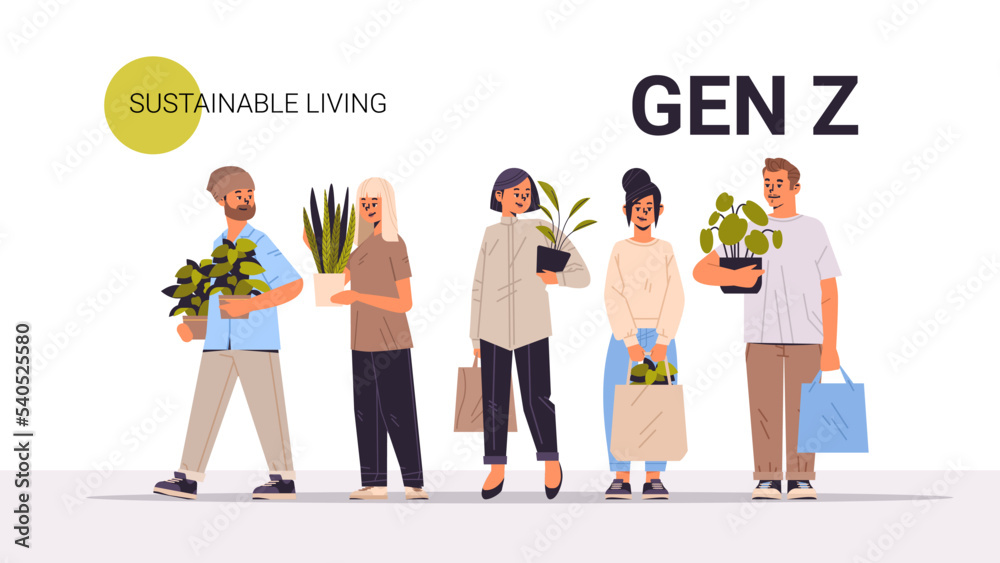 mix race people holding potted plants generation Z sustainable living concept