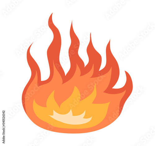 Orange fire flame icon. Symbol of bonfire, fire, danger warning. Design element, pictogram. Flat vector illustration isolated on white background