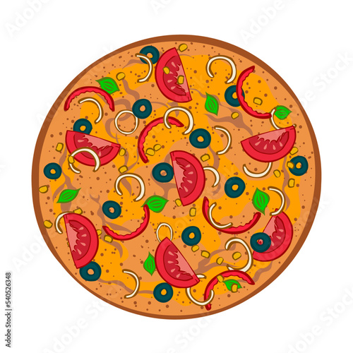 Appetizing pizza with tomato, olives, sweet pepper. Tasty food. Lunch menu at the pizzeria. Cartoon vector outline illustration isolated on white background. Top view