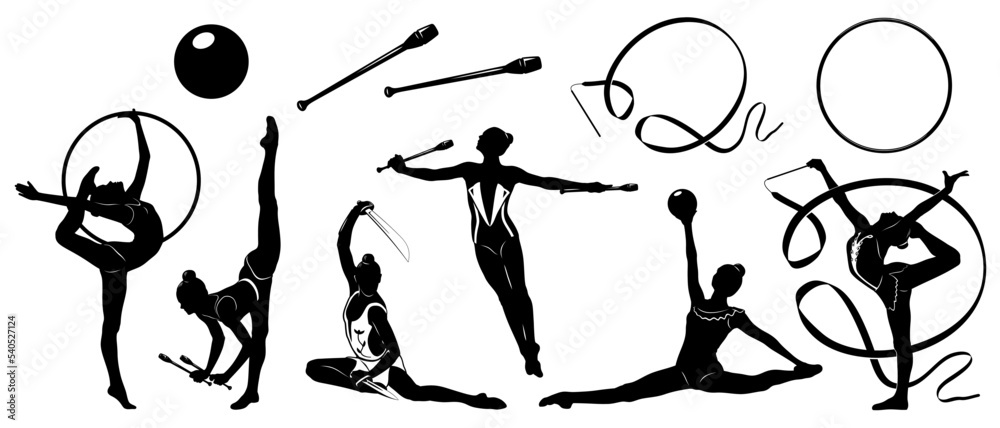 Rhythmic Gymnastics silhouettes set isolated on white. Women figures and gymnastics  equipment. Vector cliparts. Stock Vector