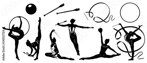 Rhythmic Gymnastics silhouettes set isolated on white. Women figures and gymnastics equipment. Vector cliparts.