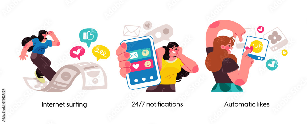 Modern social media problems, peculiarities and differences. Concept business illustrations. Internet and gadget addiction